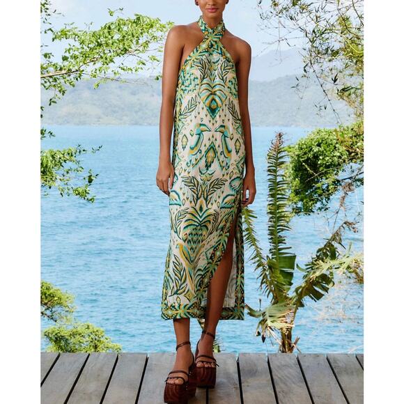 Farm Rio Dresses & Skirts - FARM RIO Tropical Tapestry Halter Neck Maxi Dress Medium NEW Green Yellow Print